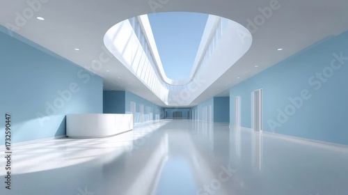 青い壁のモダンな病院の廊下と吹き抜け