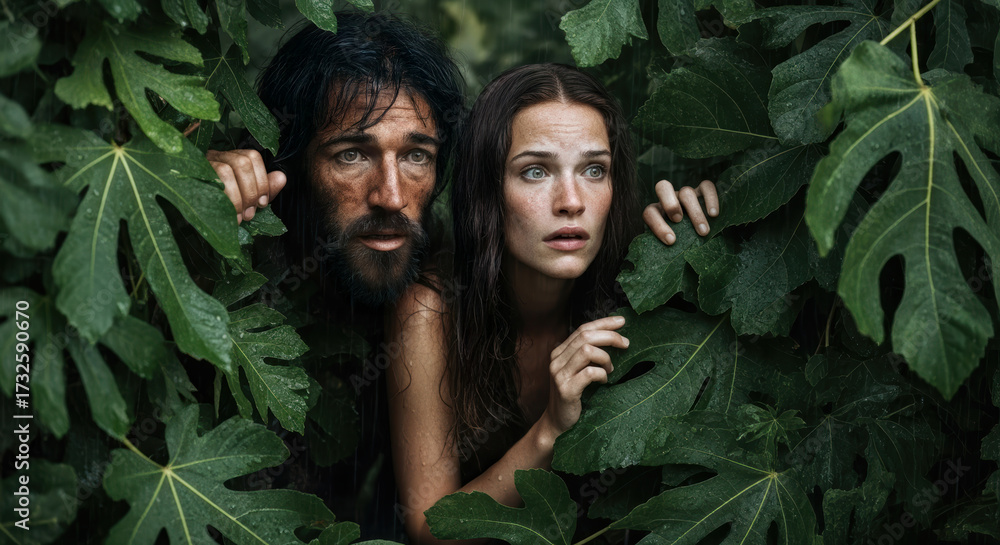 Obraz premium Adam and Eve hide in shame and fear. A powerful biblical scene of the fall of man, original sin, and lost innocence in the Garden of Eden.