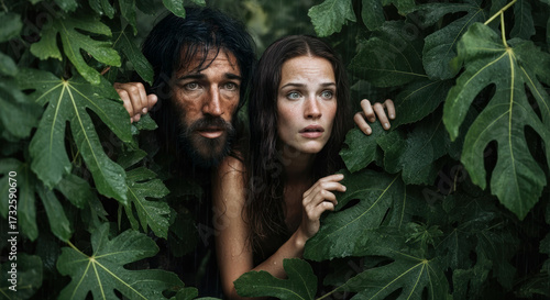 Adam and Eve hide in shame and fear. A powerful biblical scene of the fall of man, original sin, and lost innocence in the Garden of Eden.