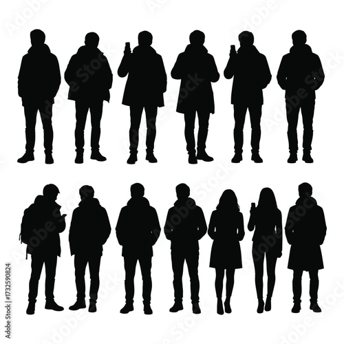 Collection of diverse people silhouettes in winter coats standing posed for graphic design projects silhouette