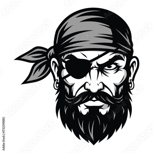 Fierce pirate head emblem with bandana eye patch and beard for nautical adventure silhouette