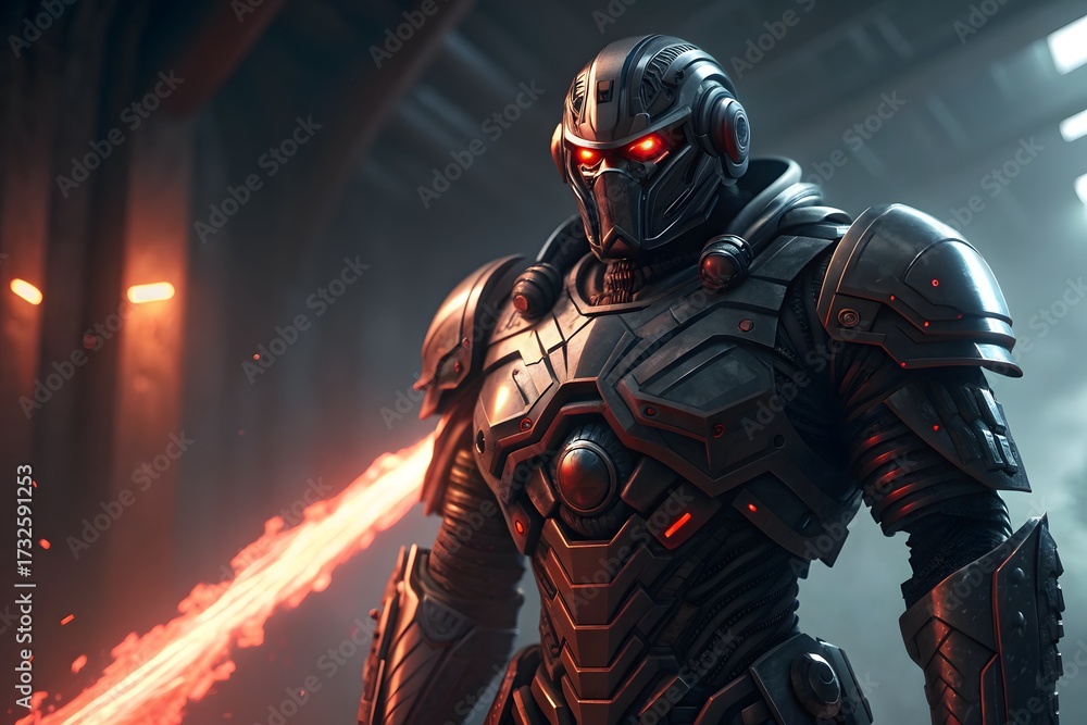 Fototapeta premium Futuristic soldier in dark armor firing energy weapon warrior sci-fi