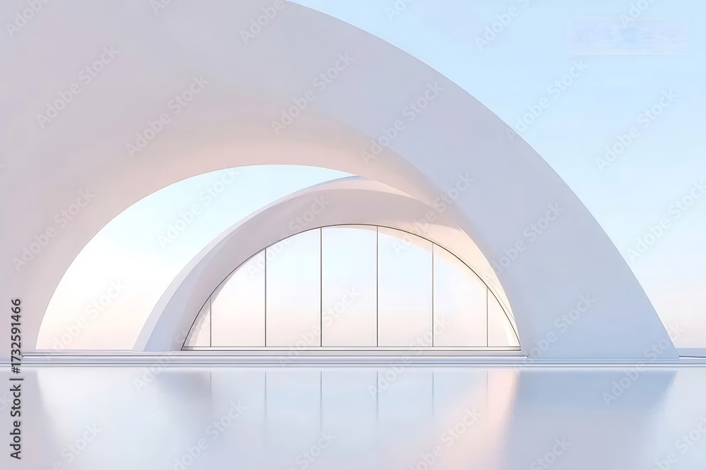Fototapeta premium 白い湾曲した構造物とガラス壁のあるミニマルな建築
