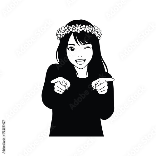Anime girl with flower crown winking and pointing fingers with a playful expression