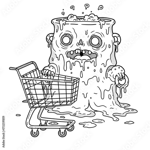 Melted monster with shopping cart and spooky expression for Halloween  