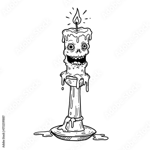 Creepy skull candle with dripping wax and flame on white background  