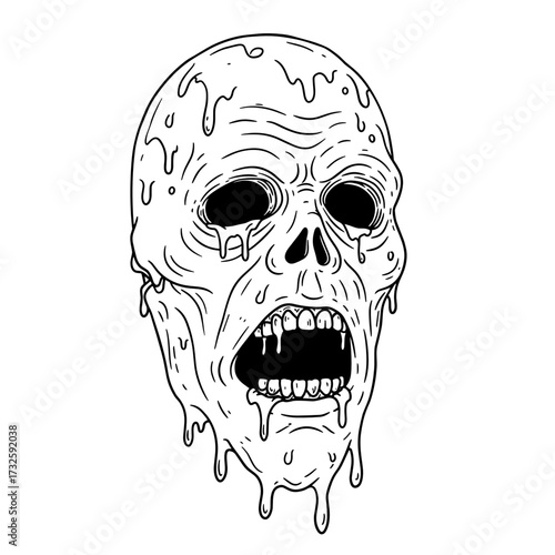 Melting skull illustration with hollow eyes and open mouth for Halloween  