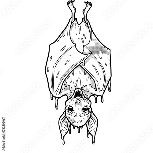 Cartoon bat hanging upside down with dripping slime texture  