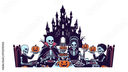 Spooky Halloween Feast: A chilling Halloween scene unfolds as skeletons gather around a festive table, featuring eerie pumpkins, a gothic castle backdrop.