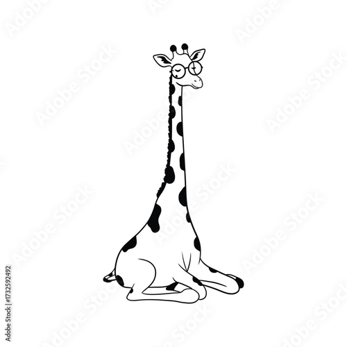 Cute cartoon giraffe wearing glasses and sitting down with a relaxed expression