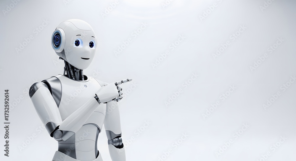 Fototapeta premium Future is here. A smiling, friendly robot points towards the bright, promising horizon of tomorrow.