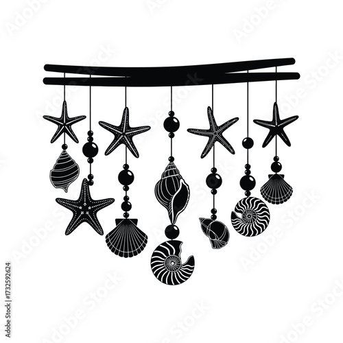 Decorative hanging mobile featuring a collection of black silhouette seashells and starfish on a white background