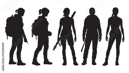 Set of female adventurer silhouettes vector illustrations of women with backpacks and weapons isolated on white background