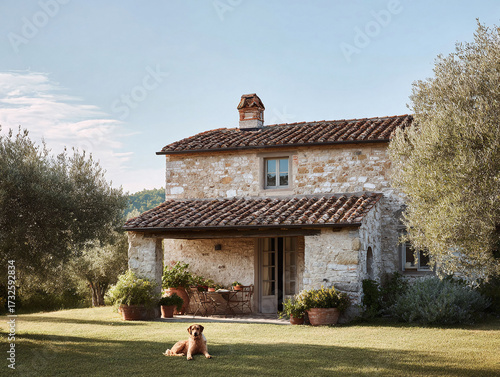Idyllic Tuscan farmhouse with a dog resting on the lawn. Captures rustic charm, simple living, and peaceful countryside vibes. Perfect for travel, real estate, or lifestyle content.