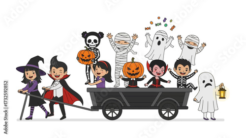 Spooky Halloween Parade: A vibrant illustration capturing a festive Halloween parade with a medley of costumed characters in a lively and cheerful procession. 