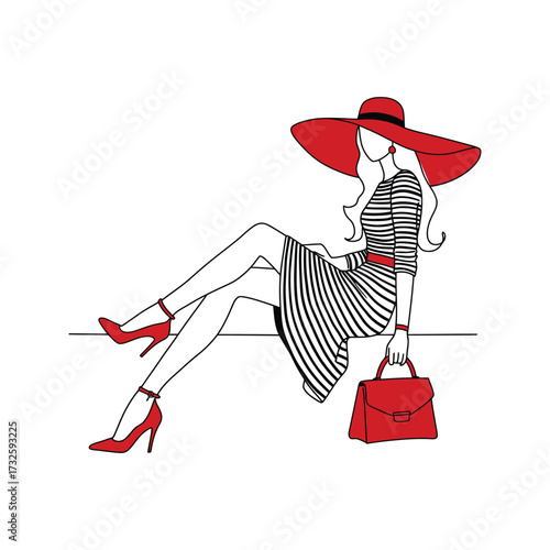 Elegant woman in a wide brim hat and striped dress with red accessories sits holding a handbag