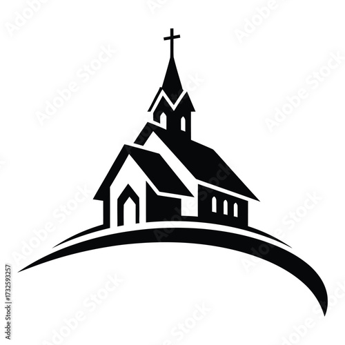 Silhouette of a traditional church building with a steeple and cross perched on a rolling hillside silhouette