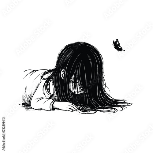 Hauntingly beautiful anime girl with long dark hair and a blue butterfly flying nearby