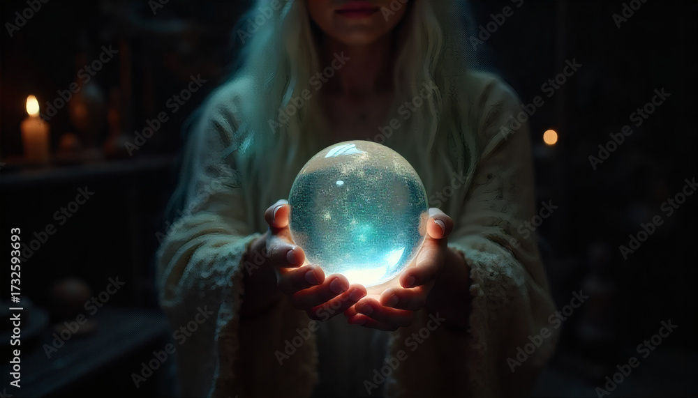 Naklejka premium Witch Sorceress Holding A Glowing Crystal Ball In A Dark Setting