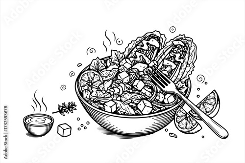 A detailed monochrome illustration of a fresh salad with tacos, lemon slices, and a dipping sauce.