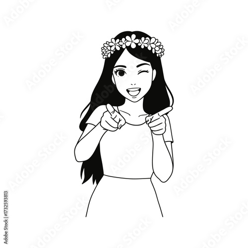Happy cartoon girl with flower crown winking and pointing forward with both hands