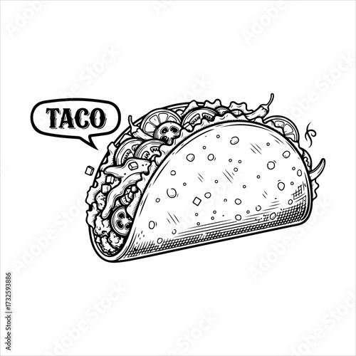 Detailed black and white illustration of a fully loaded taco with a speech bubble.
