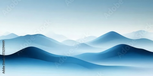 青色の山々が霧に包まれた水彩画風の風景