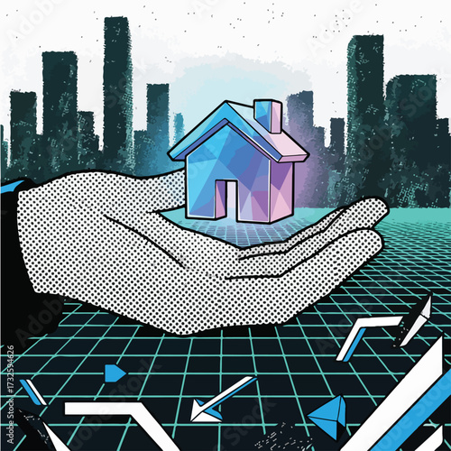 Metaverse Real Estate Investment Vector Illustration. Pop Art Hand Holding Digital Land