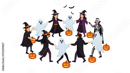 Halloween Party: A whimsical scene unfolds with kids in creative costume and gathering to celebrate Halloween!