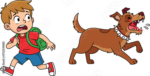 Cartoon boy, aggressive dog, chase scene, fear expression, running child, danger moment, animal attack, outdoor action, comic illustration, backpack