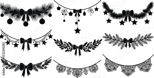 Festive holiday garland silhouette vector set with bows, stars, ornaments, pine branches, holly leaves, lace swags, decorative elements
