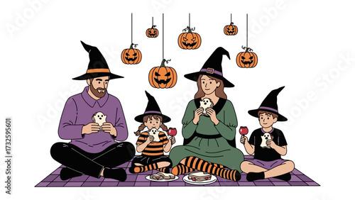 Halloween Family Gathering: A lively illustration depicts a family dressed as witches, savoring festive treats within a playful Halloween setting with charming pumpkin decorations.
