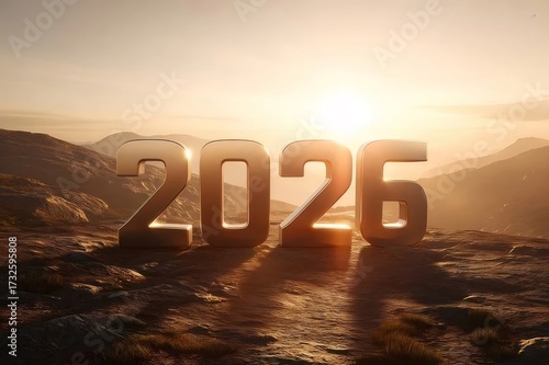 黄金色の2026年 数字 山の景色 夕焼けの空