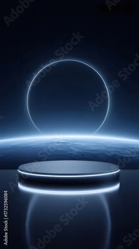 宇宙の風景に浮かぶ円形の光るプラットフォーム
