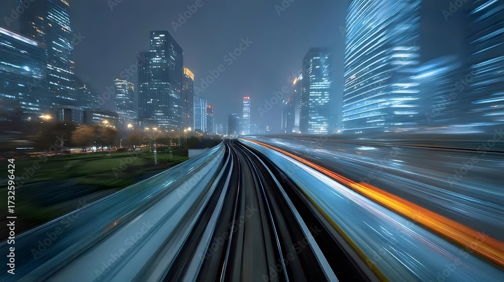 Fototapeta premium 夜の都会の鉄道 列車軌道と高層ビル群の光跡