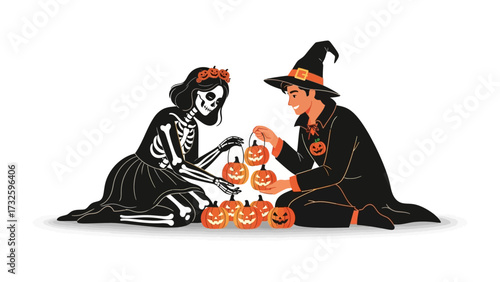 Halloween Spirit: Two figures, dressed as a skeleton and a witch, collaborate to decorate with spooky pumpkins. 