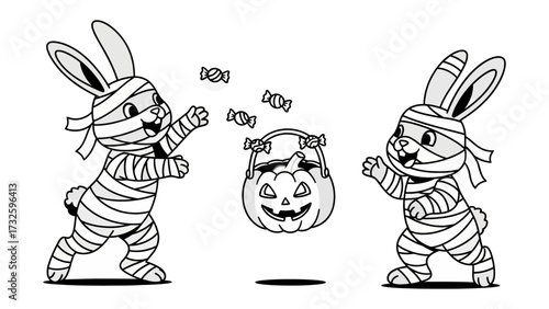 Halloween Bunny Gathering: Two playful bunnies dressed as mummies are engaged in a lively exchange with Halloween candy. The scene is filled with whimsical cheer.