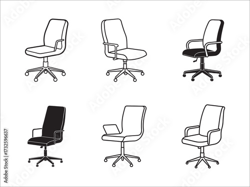 Collection of office chairs in black and white line art style