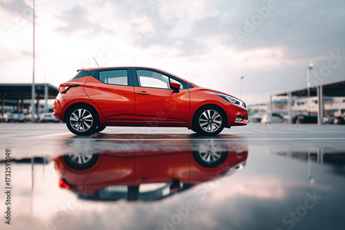 Red hatchback car with reflection on asphalt