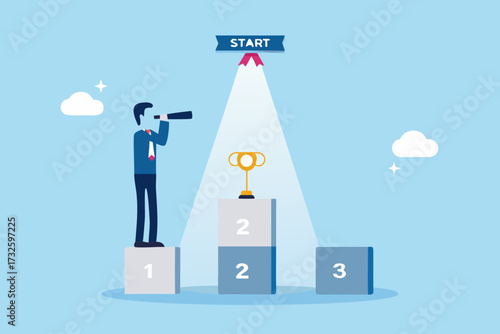 Businessman with telescope on podium looks towards start banner and trophy symbolizing ambition and success