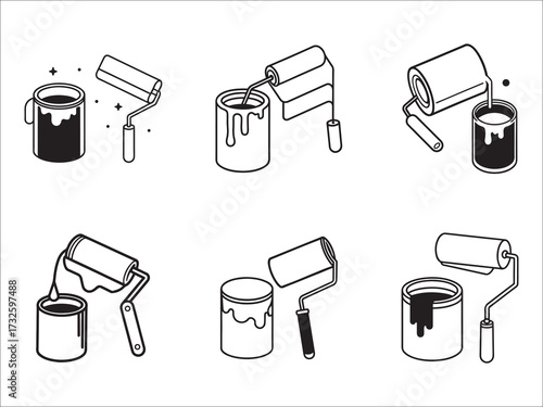 Paint roller and paint can icons set design illustration vector