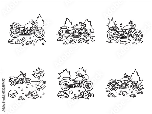 Motorcycle crash aftermath line art drawing vector illustration set