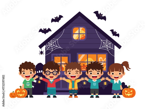 Halloween House Gathering: Cheerful children, adorned in their Halloween attire, unite in front of a spooky house, illuminated with pumpkin lanterns, showcasing the spirited essence of the holiday.