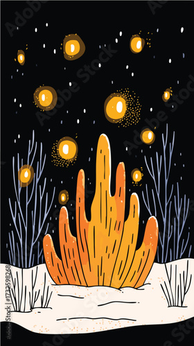 Starry Winter Night with Glowing Lights

