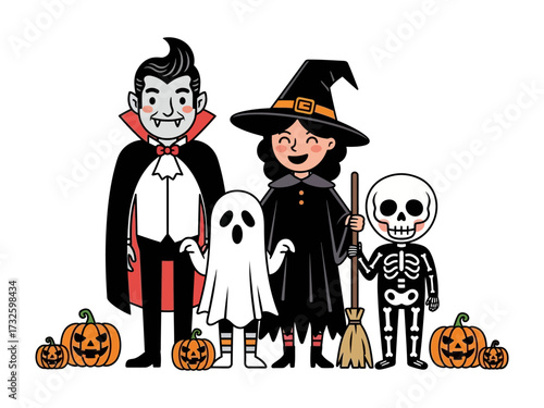Spooky Halloween Gathering: A whimsical illustration of a friendly vampire, a charming witch, a spectral ghost, and a skeletal figure stand joyfully amongst carved jack-o'-lanterns.