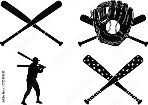 Baseball silhouettes featuring bats, glove, player, and patriotic theme, symbolizing sport, teamwork, American culture, equipment, and athletic identity