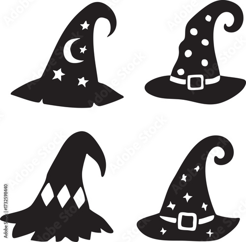 Black witch hat with spider web and curved pointed brim