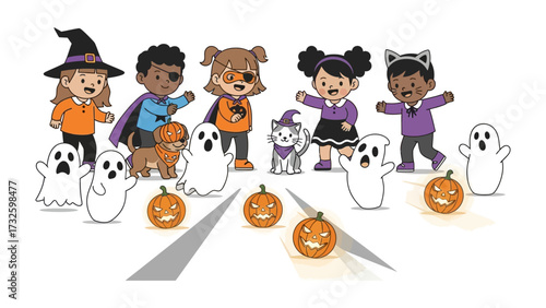 Halloween Parade: Adorable costumed children and cute creatures revel in the Halloween spirit, marching alongside cheerful pumpkins and spectral apparitions along a cartoonish road.