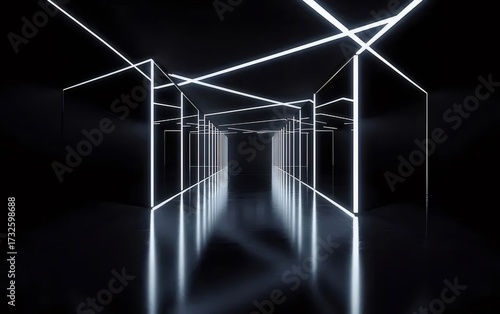 ネオンライトが輝く未来的な黒い廊下