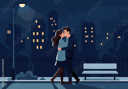 Romantic kiss between couple in city urban night digital nighttime intimate moment
